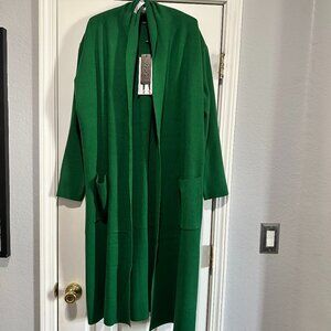 NEW Max Sport Emerald Green Long Double Knit Collar Cardigan Pocket Sweater - L